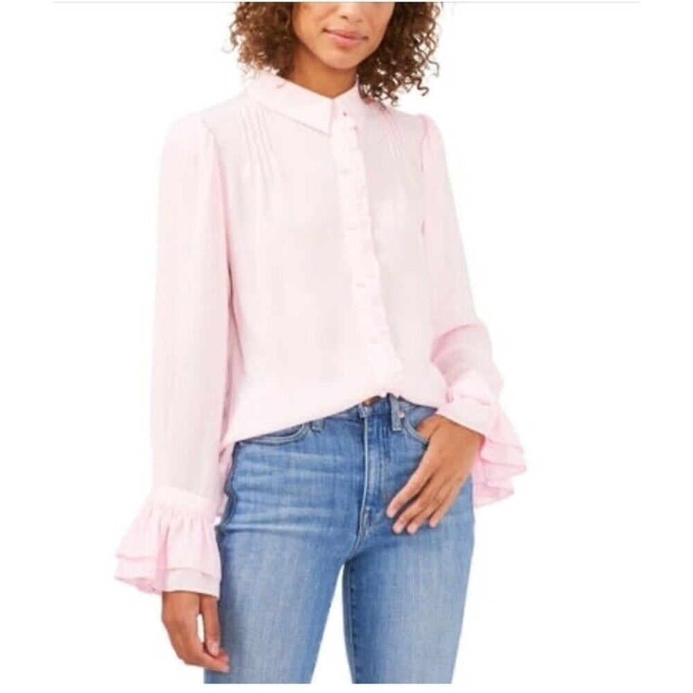 Riley And Rae Sheer Pin Tuck Blouse Size XS Button Up Long Sleeve NWT